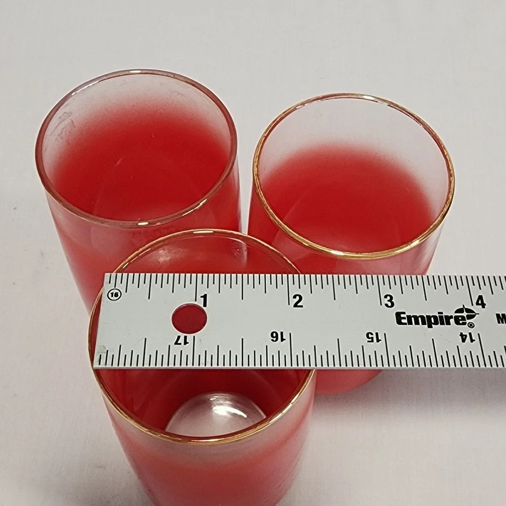 Set of 3 Vintage Blendo Red Frosted Ombre Tumbler Glasses Gold Rim MCM Highball